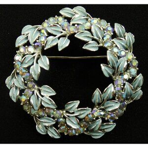 Vintage Coro Brooch Round Light Blue Enamel Wreath Aurora Borealis Rhinestones